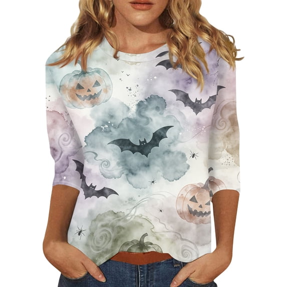 Halloween Plus Size Tops for Women 3/4 Length Sleeve Womens Blouse Fall Loose Crew Neck Witch Graphic T Shirts Halloween Costume & Gift