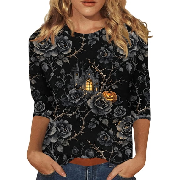 Halloween Plus Size Tops for Women 3/4 Length Sleeve Womens Blouse Fall Loose Crew Neck Witch Graphic T Shirts Halloween Costume & Gift