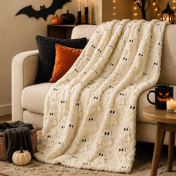 Halloween Plush Blanket, 3D Ghost Pumpkin Black Cat Sherpa Throw for Sofa,Raised 3D Texture | Double-Sided Plush | Soft Sherpa Backing | Three Spooky Styles | Two Cozy Sizes | Fall Home Accent