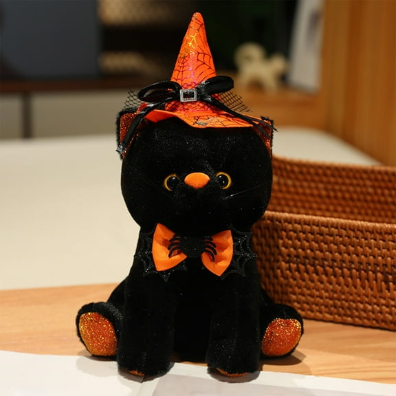 Halloween Plush Cat Doll 11 Inch Black Velvet Witch Hat Decor With Bow Tie Spooky Party Decoration Safe Toy For Kids Holiday Gift