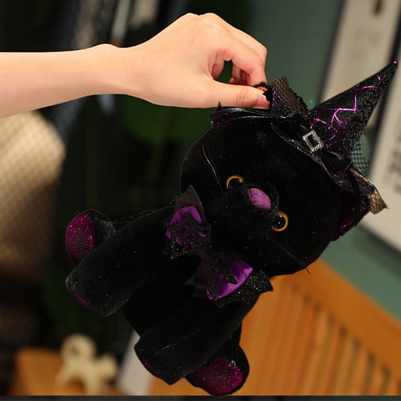 Halloween Plush Cat Doll with Witch Hat - Soft Velvet Black & Orange Toy (11"x7") - Safe Stitched Eyes for Kids - Cute Party Decoration & Gift - Perfect Companion for Festival Celebrations
