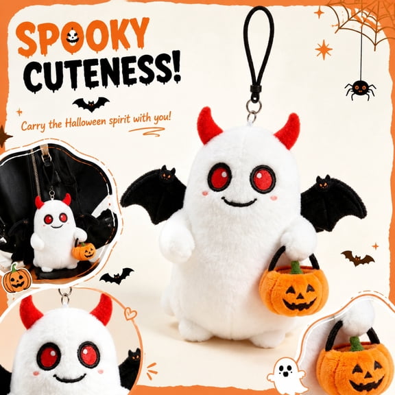 Halloween Plush, Cute Ghost Plush, Devil Ghost Stuffed Animal, Bat Wings Plush, 6X2 Inch Soft Plush Material Spooky Cute Hanging Ornament with Embroidered Eyes and Blush Cheeks