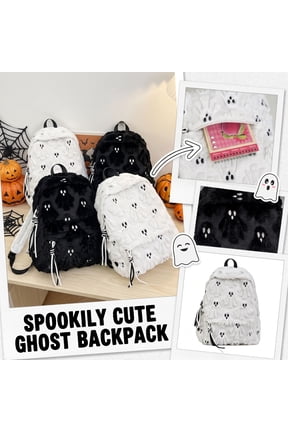 Halloween Plush Ghost Backpack, White Fuzzy Kawaii Daypack Large Capacity Soft Sherpa Bag Y2K Aesthetic Cute Novelty Bookbag for Teens Women Travel School Daily Use Gift