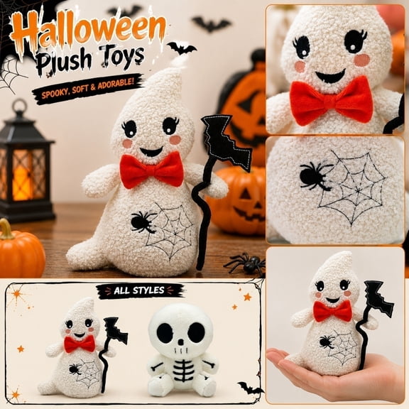 Halloween Plush, Halloween Ghost Plush, Stuffed Ghost Animal with Red Bow Tie, Cute Ghost Decor with Embroidered Web and Patterns, 10X10 Inch Soft Ghost Toys with Bat Staff Plush