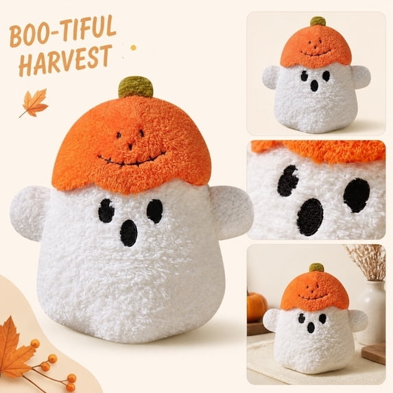 Halloween Plush, Halloween Stuffed Animal, Pumpkin Plush, Ghost Plush, 12X11 Inch Cute Ghost Wearing Smiling Pumpkin Hat Soft Fluffy Plush Figure for Indoor Bedroom Shelf Party