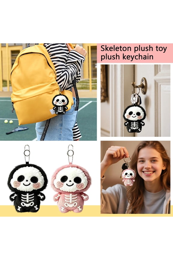 Halloween Plush Keychain, Halloween Skeleton Plush Figure, Kawaii Plush Keychain, Mini Plush Keychain, Soft Fuzzy Texture with Rib Embroidery and Blush Detail, 3.5X3X0.5 in Silver