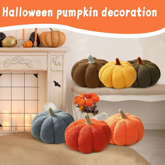 Halloween Plush Pumpkin Decor, Soft Velvet Jack-O-Lantern With Embroidered Face And Green Stem, Cozy Farmhouse Accent For Mantel Table Or Entryway Fall Vibe Blue M