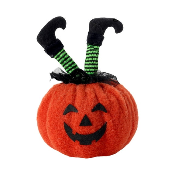 Halloween Plush Pumpkin Decoration with Witch Legs, Cute Jack-O'-Lantern Table Decor for Home, Office, and Party Display, 8 Inch