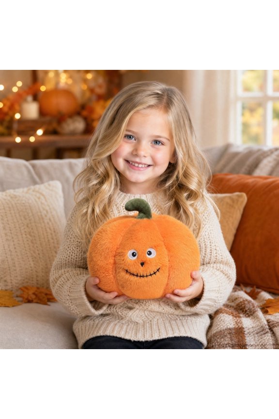 Halloween Plush, Pumpkin Decorations, Cute Halloween Decorations, Halloween Front Porch Decor, 10 Inch Fuzzy Smiling Pumpkin Figurine for Warm Fall Seasonal Home Arrangement, 1
