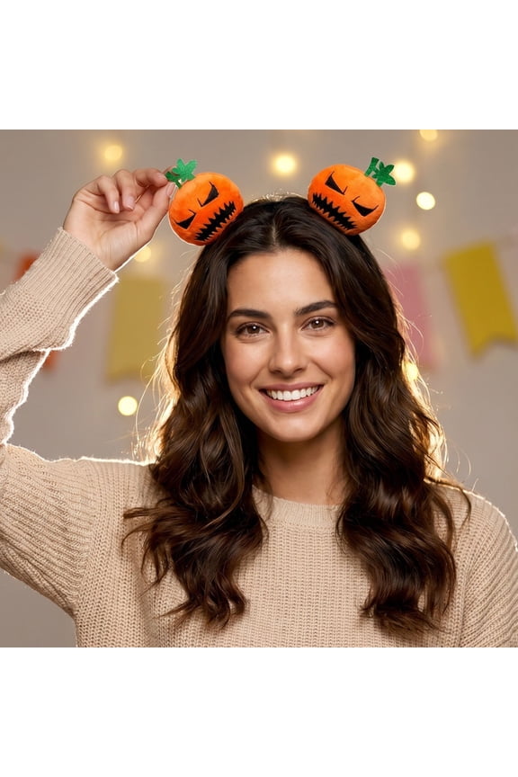 Halloween Plush Pumpkin Headbands – Cute Jack-o'-Lantern Hair Hoops with Green Leaves, Festive Party Favors & Costume Accessories for Kids & Adults (One Size Fits All)