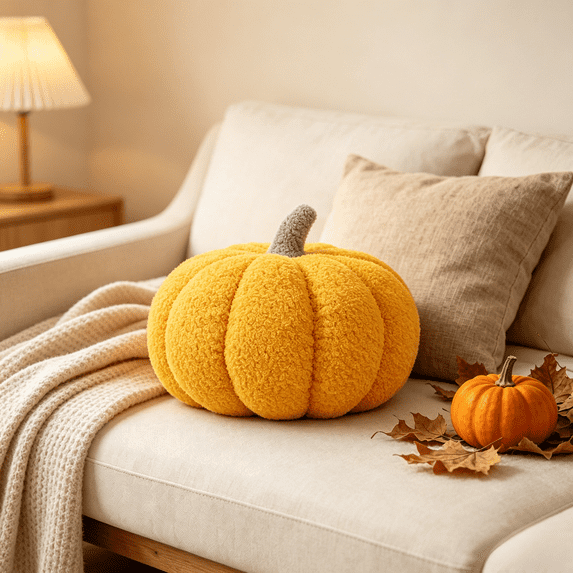 Halloween Plush Pumpkin Pillow, Yellow Decorative Throw Cushion with Gray Stem, Fall Sofa Couch, Cozy Home Decor & Halloween Gift