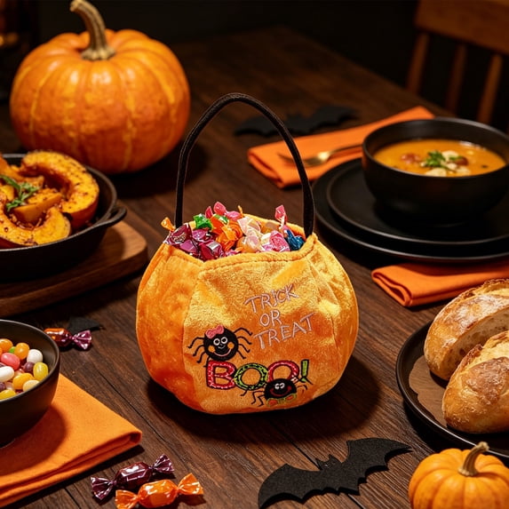 Halloween Plush Pumpkin Trick Or Treat Candy Bag, Cute Spider Boo Print Handheld Treat Bucket, Reusable Kids Carry Pouch for Trick-or-Treating Party Favors