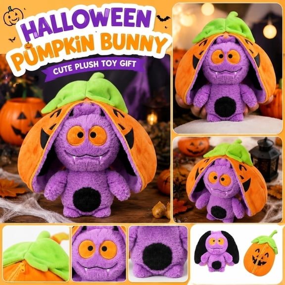 Halloween Plush, Reversible Plush Pumpkin, Flip Pumpkin Plush, Plush Pumpkin Zipper Toys, 8X5X4 in Soft Stuffed Toys with Hidden Cute Bunny Design Inside, Featuring Happy Pumpkin