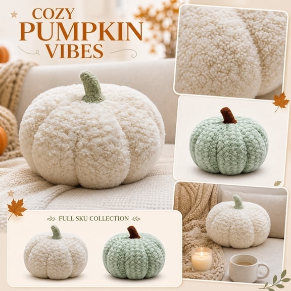 Halloween Plush Small Decorative Pillow, 8 Inch White Pumpkin Shaped Throw Pillow, Soft Lamb Fleece Fall Decorations for Home, Cozy Halloween Home Decor Accent for Living Room,