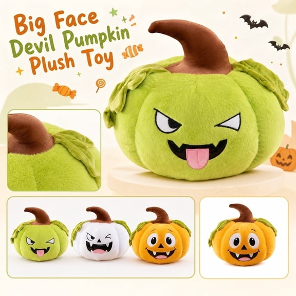 Halloween Plush, Spooky Halloween Decor, Cute Halloween Decor, Halloween Pumpkin Throw Pillow, 16X10 in Large Fanged Big Face Demon Pumpkin Stuffed Toys, Soft Fluffy Halloween