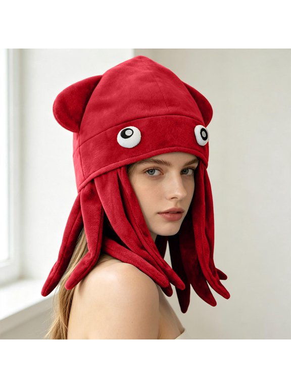 Halloween Plush Squid Hood Hat with Tentacle Design Soft Novelty Headwear for Holiday Theme Party Gathering