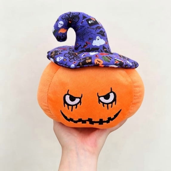 Halloween Plush Toys 7.87 Inch, Pumpkin Cushion, Spooky Cute Stuffed Pillow with Wizard Hat for Modern Farmhouse Room Decor (B)