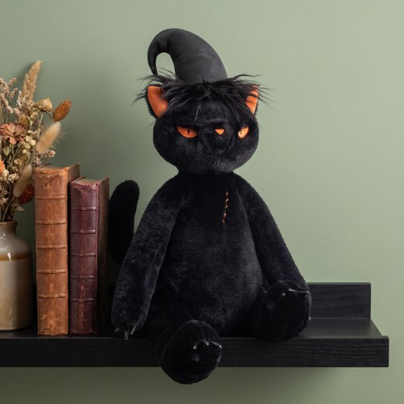 Halloween Plush Witch Hat Black Cat, Long Limbs Black Kitten Plush Orange Embroidered Black Cat Toy, Gothic Black Cat Stuffed Animal for Halloween Black Cat Decor