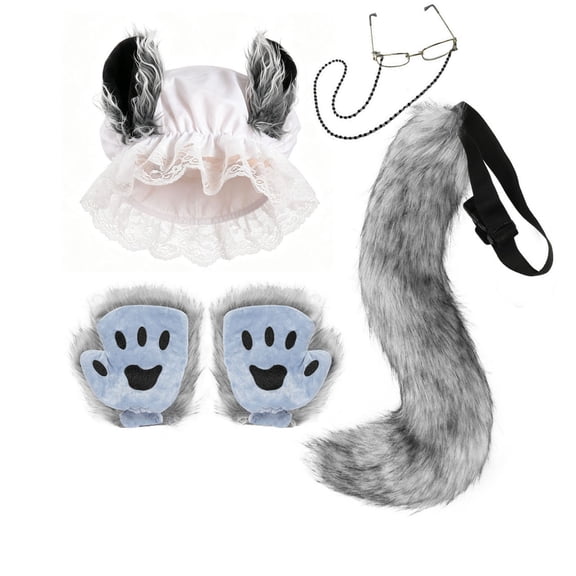 Halloween Plush Wolf Ear Hat with Paw Gloves Tail & Glasses,LARP Granny Wolf Outfit