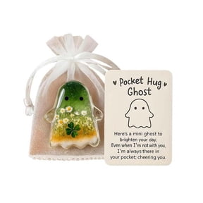 Halloween Pocket Hug Ghost Token with Encouragement Greeting Card, Cute Glass Resin Spooky Figurine with Mesh Organza Gift Bag, Special Novelty Present for Friends Coworkers or Family Decor