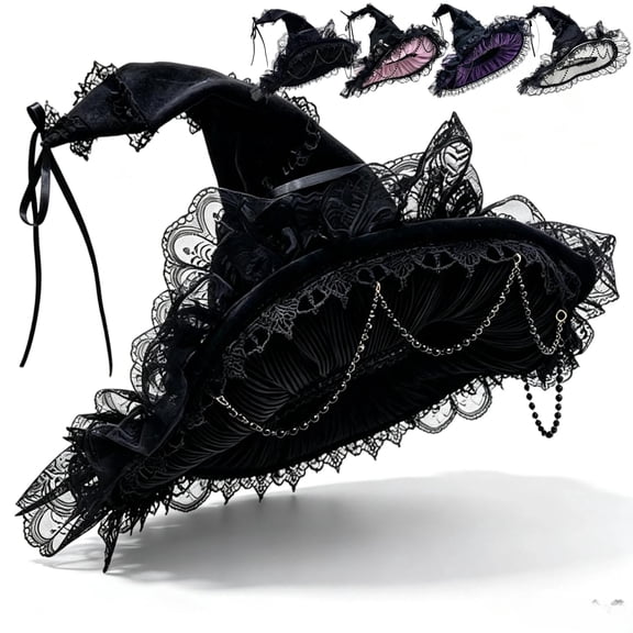 Halloween Pointed Witch Hat Gothic Ruffled Lace Trim Wide Brim Wizard Cap