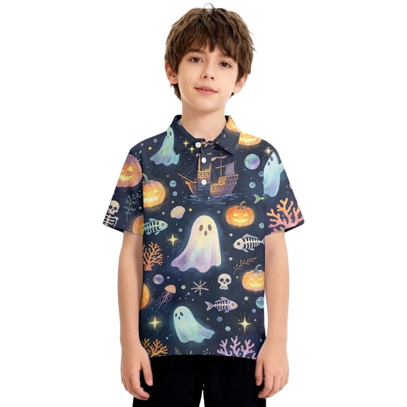 Halloween Polo Shirts for Boys Girls Size 2-13 Cute Ghost Pumpkin Spider Graphic Shirts for Kids Button Up Short Sleeve Tshirts Fall Funny Halloween Holiday Golf Polos