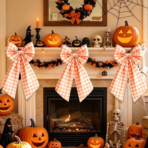 Halloween Polyester Decorative Bow, 35 x 25 cm with Ribbon Bow, Greenery and Ornaments, Reusable Holiday Accent for Front Doors, Wreaths and Trees, Ready-to-Display Reusable Ornament, Style R
