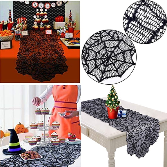 Halloween Polyester Lace Table Runner Black Spider Web Decoration Halloween Tablecloth for Dinner Parties Spooky Halloween Party Decorations
