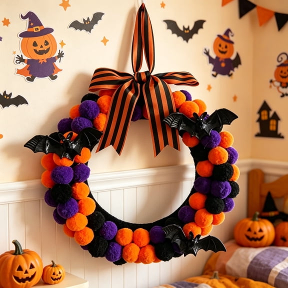 Halloween Pom Pom Wreath Black Orange Purple Ball Front Door Wreath with Striped Bow Bat Ornaments Handmade Spooky Wall Hanging Decor for Entryway Living Room