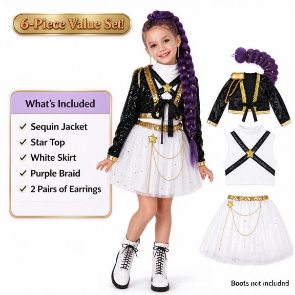 Halloween Pop Singer Cosplay Costume for Girls, Pop Idol Dress with Purple Wig & Accessories, Kids Halloween Birthday Party Dress Up Outfit Set