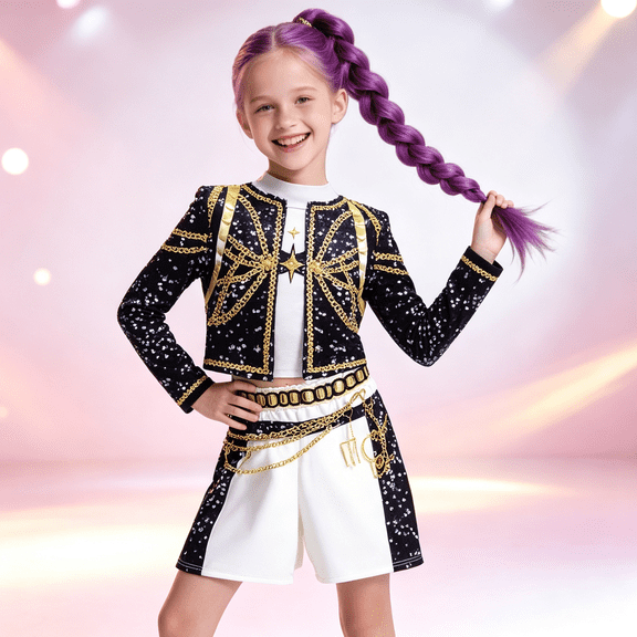 Halloween Pop Star Costume Set, Black White Stage Performance Outfit for Girl, Gold Chain Print Jacket & Shorts with Tee for Holiday Party Events