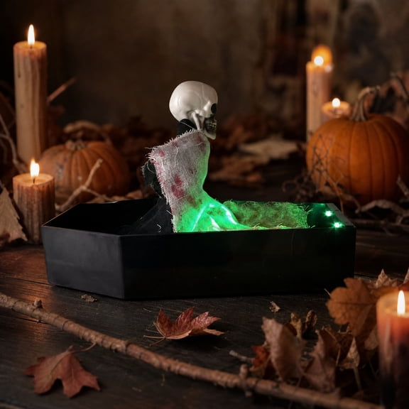 Halloween Pop Up Skeleton Coffin Decoration Animated Rising Skull Prop Green LED Lights Party Decor