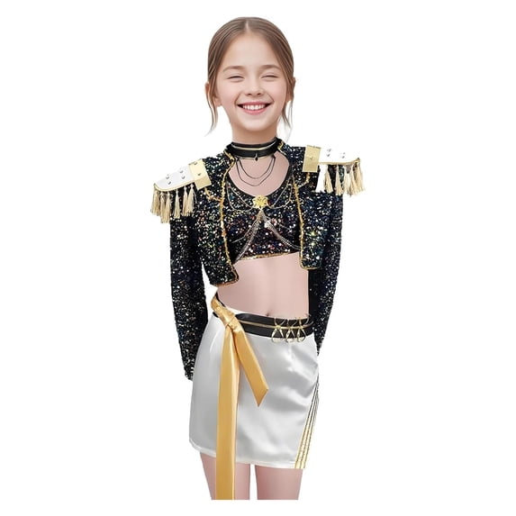 Halloween Popular Singers Idol Cosplay Costume, Idol Stage Full Cosplay Set Includes Outerwear, Vest, Leggings, Mini Skirt with Accessories, Dance Dress Up for Halloween Party, 160(13-15 Years)