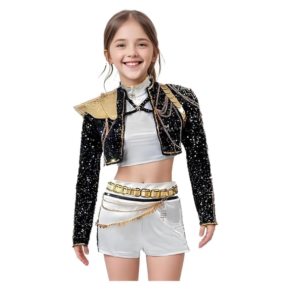 Halloween Popular Singers Idol Cosplay Costume, Idol Stage Full Set Cosplay Outfit, Includes Outerwear, Bustier and Shorts with Accessories, Halloween Party and Stage Show, 120(5-6 Years)