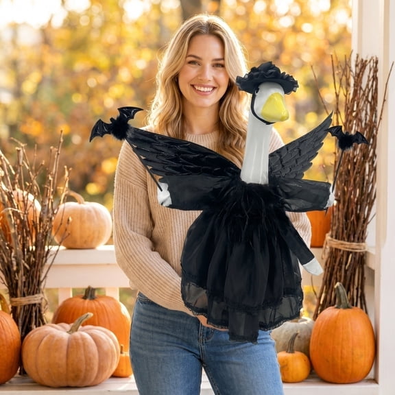 Halloween Porch Decor, Halloween Goose, Goose Angel Wings, Black Bat Accessories, Outdoor Garden Statue Dress, Fits 24 Inch Lawn Geese