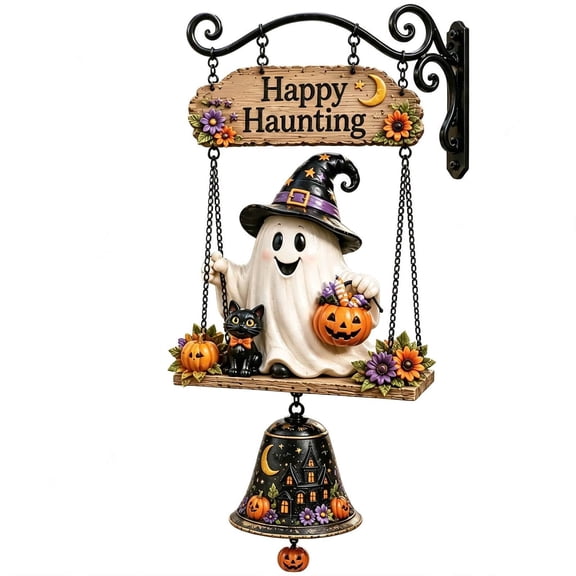 Halloween Porch Decor Vintage Halloween Decor, Swinging Ghost Door Bell Ornament with Heavy-Duty Metal Chains Witch Hat for Front Porch, Doorway, Garden, Spooky Home Decor