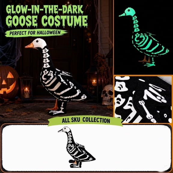 Halloween Porch Goose Costume Outdoor Holiday Decoration Set, Glow in the Dark Skeleton Goose Yard Art, Festive Lawn Ornament, Spooky Garden Decor, Night Glowing Bird Figure, Seasonal Party Prop