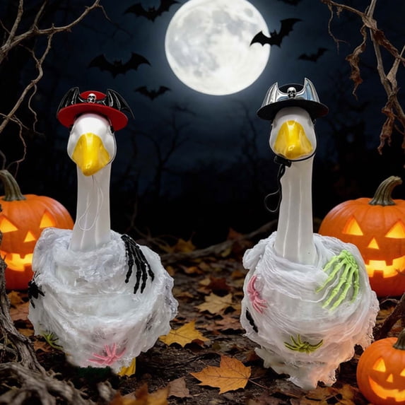 Halloween Porch Goose Costume Set for 17 or 23 Inches Lawn Cement Geese, Spooky Cobweb Dress with Skull Hat & Skeleton Hand Spiders Accessories, Outdoor Garden Holiday Apparel, Clothes Only