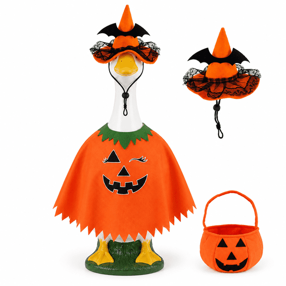 Halloween Porch Goose Outfit,23 Inch Large Lawn Geese Statue Clothes,Cute Hat Pumpkin Dress Outdoor Patio Yard Decor,Spooky Fall Holiday Costume for Garden Bird Apparel Accessories