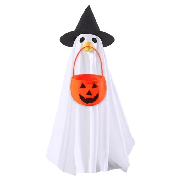 Halloween Porch Goose Outfit Ghost Costume and Pumpkin Candy Bucket for Garden, Patio, and Front Door Decoration