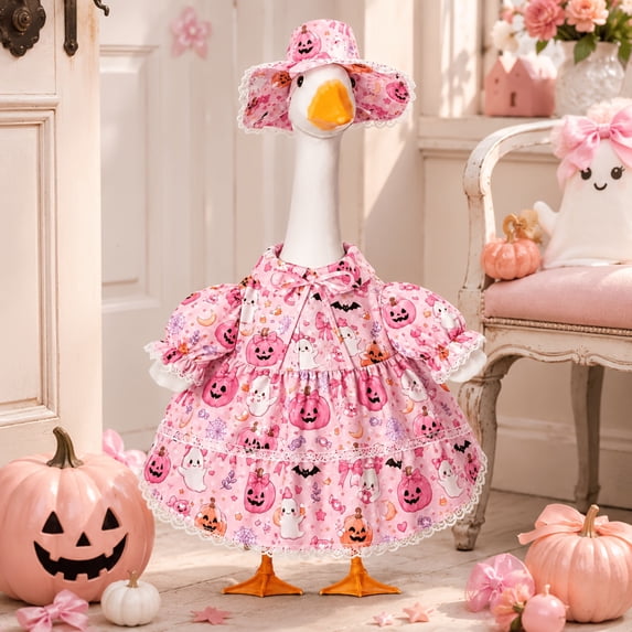 Halloween Porch Goose Outfit, Pink Pumpkin Ghost Costume Kit, Spooky Seasonal Outfit Accessories Suitable for 23 Inch Large Porch Goose Statue