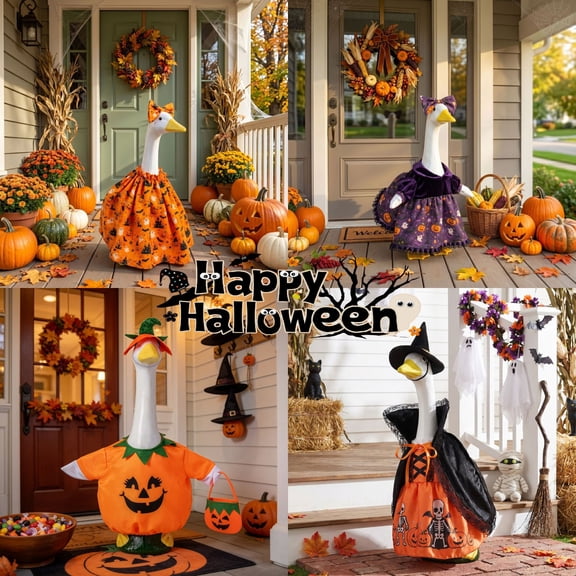 Halloween Porch Goose Outfit, Pumpkin Dress Ghost Cape Witch Hat Set, 23 Inch Porch Goose Clothes for Halloween