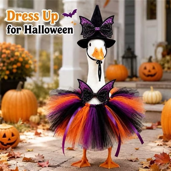 Halloween Porch Goose Outfit Set for 23 Inch Lawn Goose, Witch Hat, Bow Tie and Tutu Skirt, Outdoor Garden Yard Patio Seasonal Decor