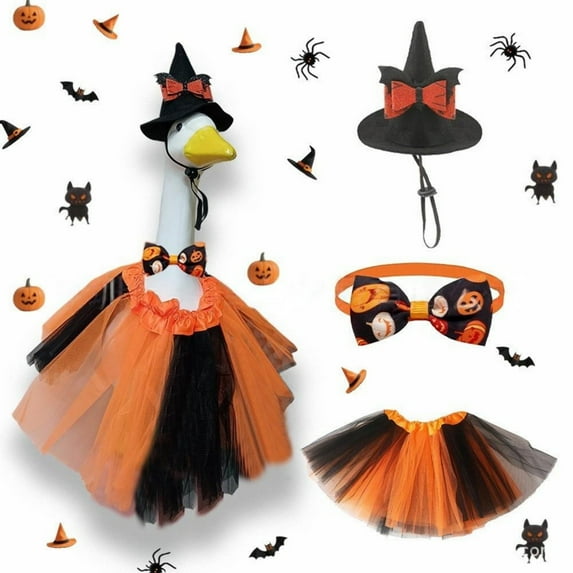 Halloween Porch Goose Outfits – 3Pcs Women’s Color Tulle Skirt with Hat for 23" Goose Statue, Decorative Goose Clothing for Garden, Lawn, Porch, Outdoor Halloween Party Décor