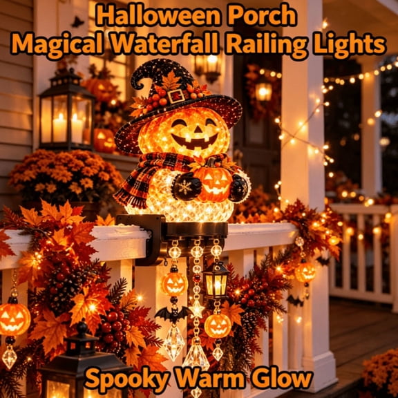 Halloween Porch Magical Waterfall Railing Lights, 3D Light‑Up Halloween Character Decor, Hanging Beaded Ornament for Porch Balcony Railing, Family‑Friendly Holiday Decoration(Pumpkin)