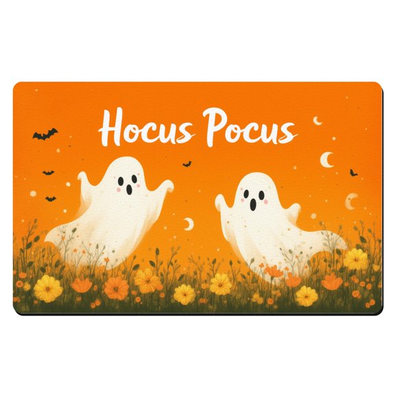 Halloween Porch Mat,A couple of ghosts in a field of flowers with the words Hocus Pocus,Thin Kitchen Mat,20x32in,Floor Decor