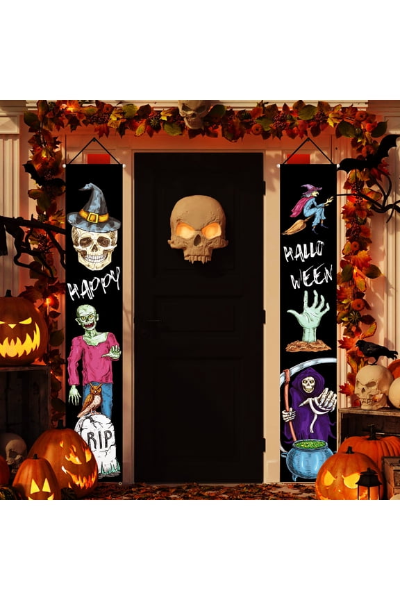 Halloween Porch Sign Banner Decorations Outdoor Trick or Treat Happy Halloween Porch Banner for Front Door or Indoor Home Decor Porch Decorations Halloween Welcome Signs - Skull