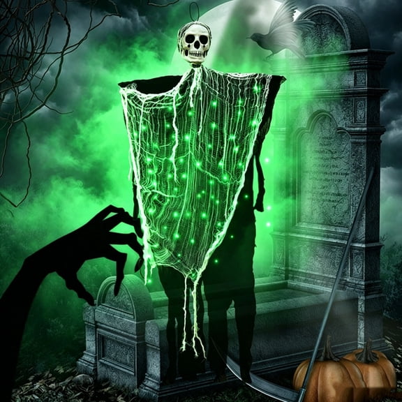 Halloween Porch Skeleton Decor, LED Skull Hanging Ghost with Frayed Gauze Body & Two Light Modes, 37in for Porch Beam Tree Branch Covered Entryway, Moody Animated Silhouette Accent