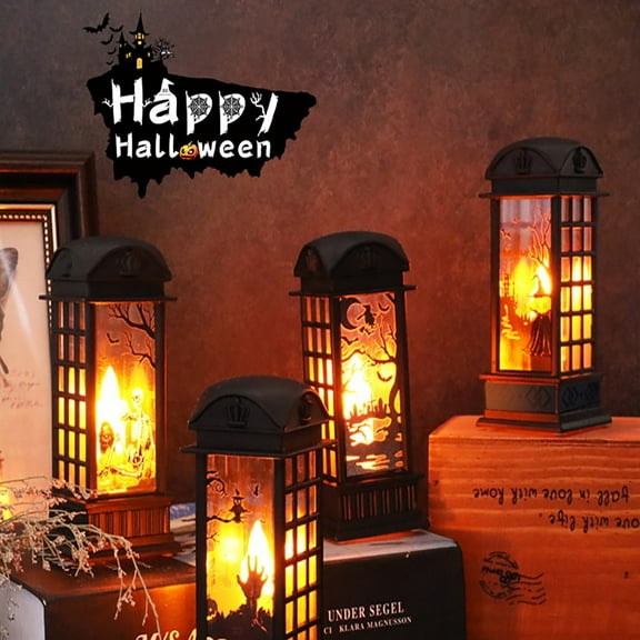Halloween Portable Lanterns Orange Candle LED Halloween Lamp Lights, Spooky Skeleton Owl Bats Castle Flame Lights Hanging Lanterns, 4.5" x 2"