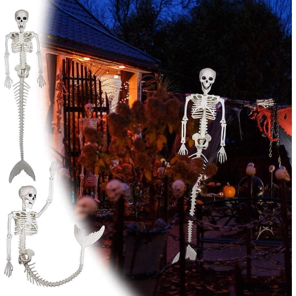 Halloween Posable Mermaid Skeleton Decorations, 39.4" Full Body Mermaid Bone Ornaments with Movable Joints, Spooky Underwater Skeleton Prop for Yard Porch Haunted House Party Display